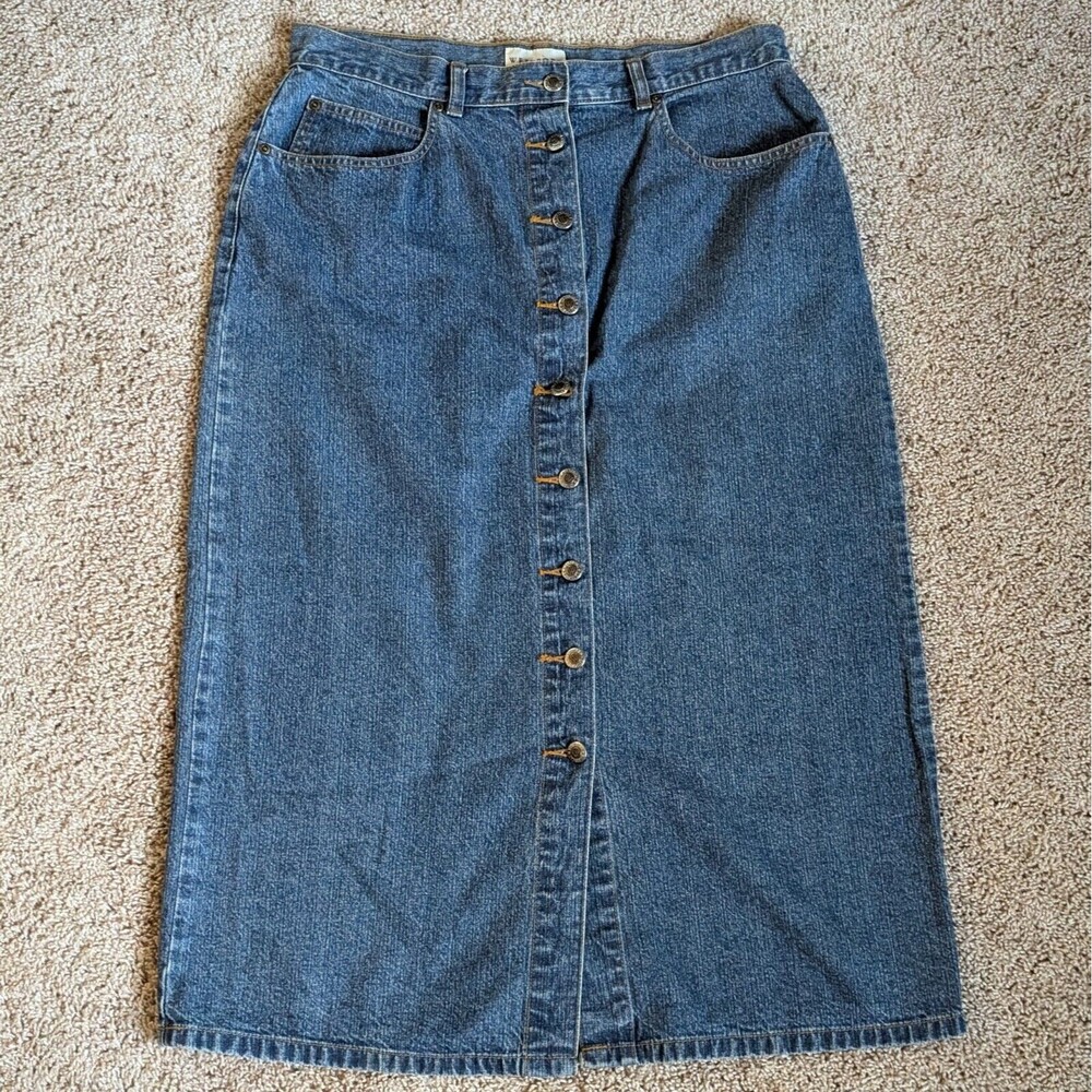 Vintage Denim Skirt Womens 14 Blue 100% Cotton Maxi Button Up 90s 00s Y2K
